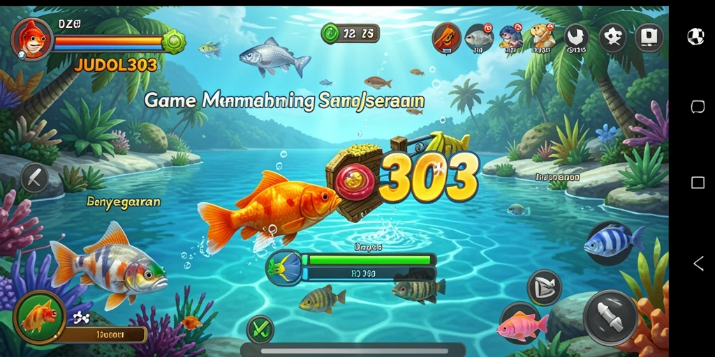 Screenshot utama JUDOL303 menampilkan momen seru saat memancing ikan.