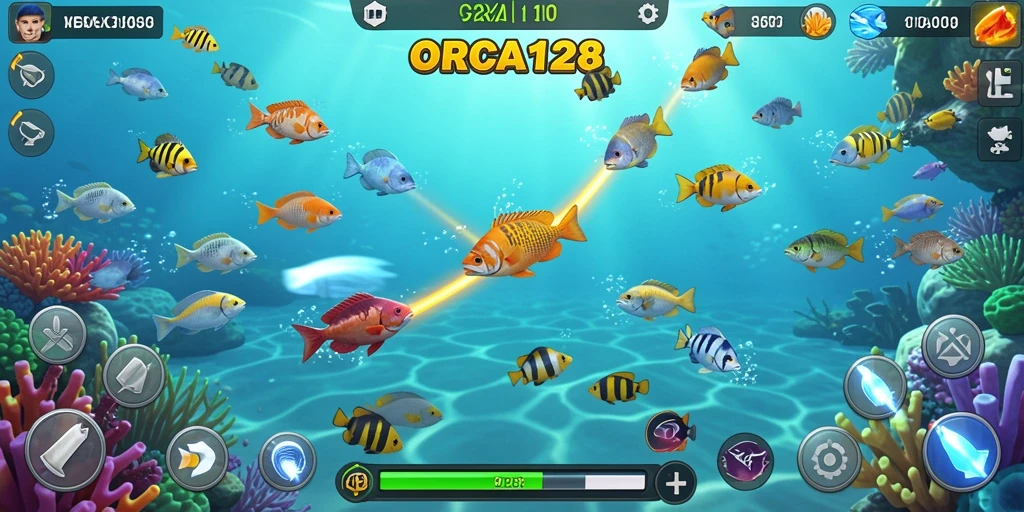 Tampilan gameplay ORCA128 dengan aksi menembak ikan yang seru.